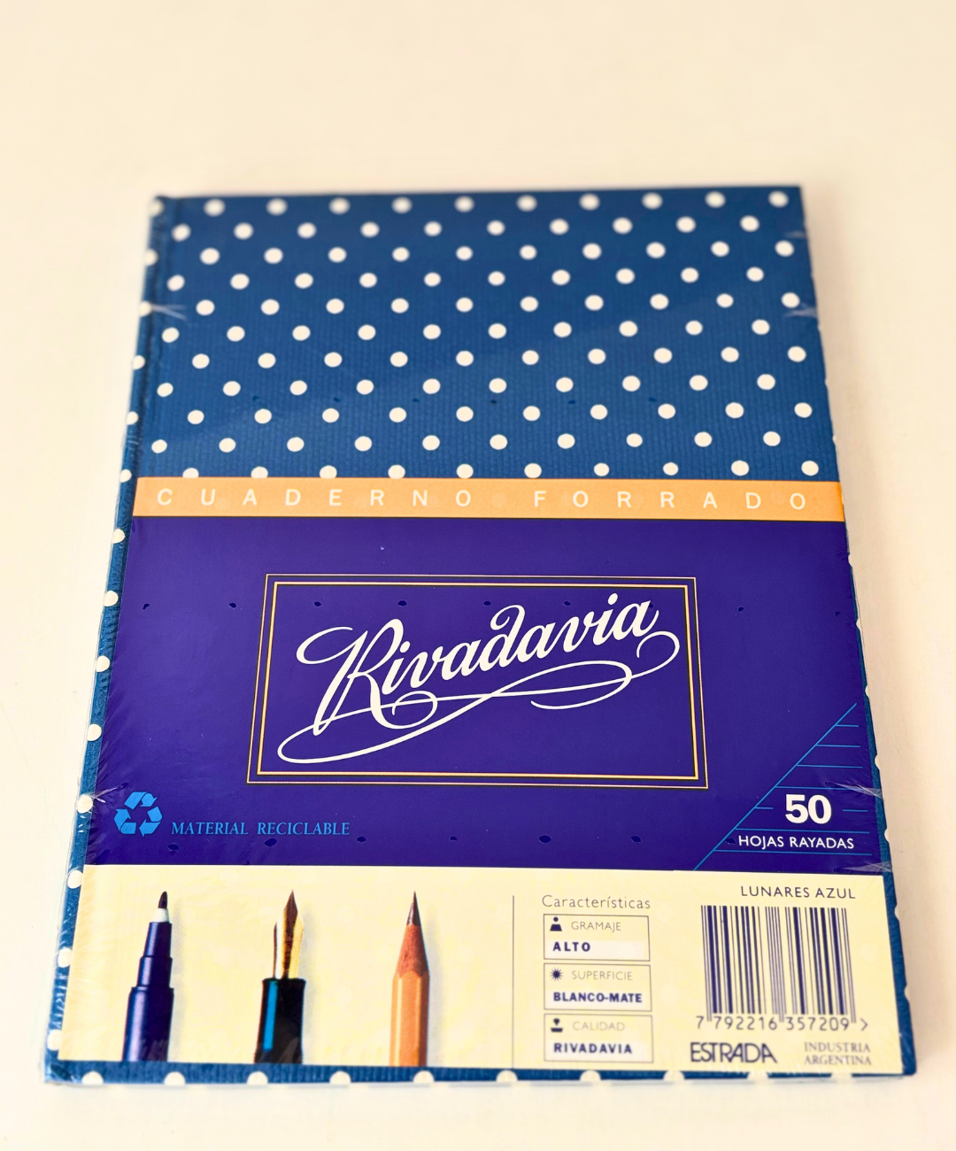 Cuaderno Rivadavia lunares azul tapa dura 50 hojas rayado